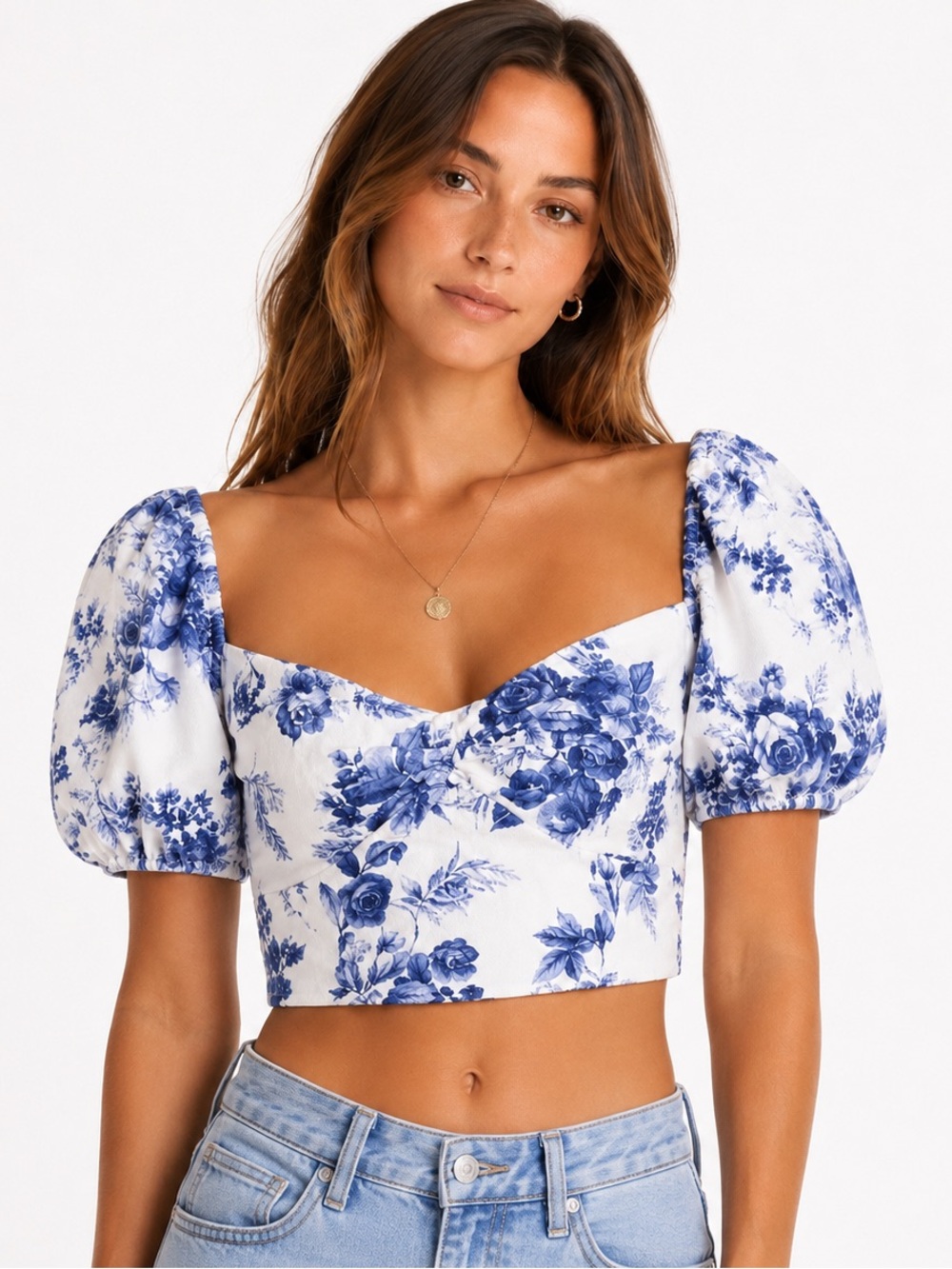 Abercrombie & Fitch Blue Floral Toile Puff Sleeve Crop Top Smocked Small